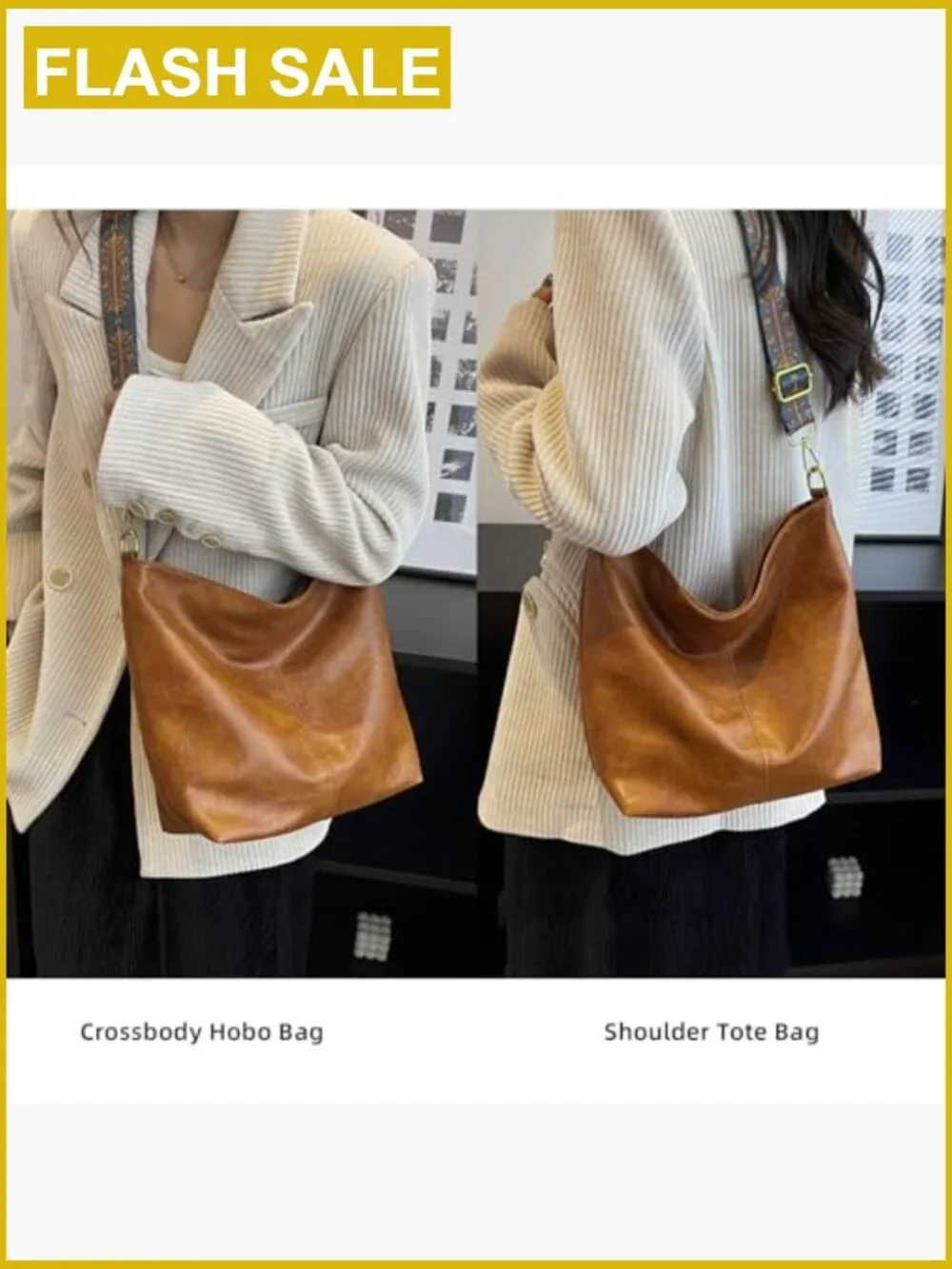 Vegan Leather Hobo Crossbody Tote Bag with Guitar Strap